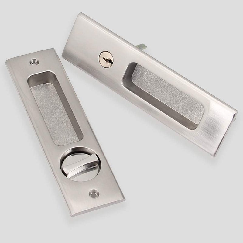 CCJH Privacy Pocket Door Lock Hardware with Key, Pocket Door Lock Handle Invisible Wooden Barn Door Latch, Interior Privacy Furniture Hardware Brushed Nickel Silver 1 Pack - Image 2